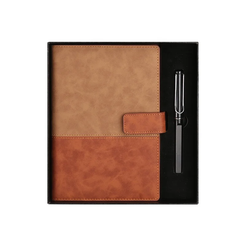 Promotional Luxury Custom Cover Brown PU A5 Planner Custom Printed Diary Journal Notebook with Pen Set (1600529091172)