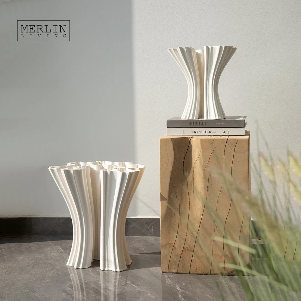 Merlin Living 3D Printing Vase irregular folding shape white vase ceramic decoration Chaozhou Ceramic Factory Manufacturing