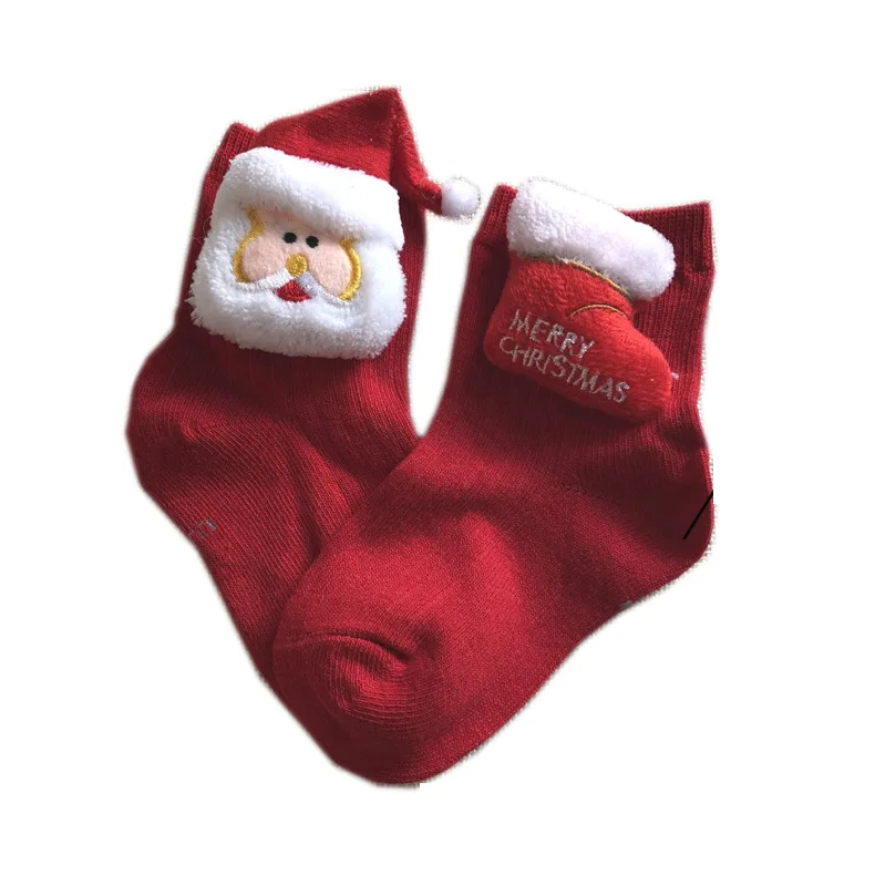 Вязаные хлопковые рождественские носки для малышей, толстые теплые уютные зимние Праздничные Носки средней длины с 3D рисунком на Рождество