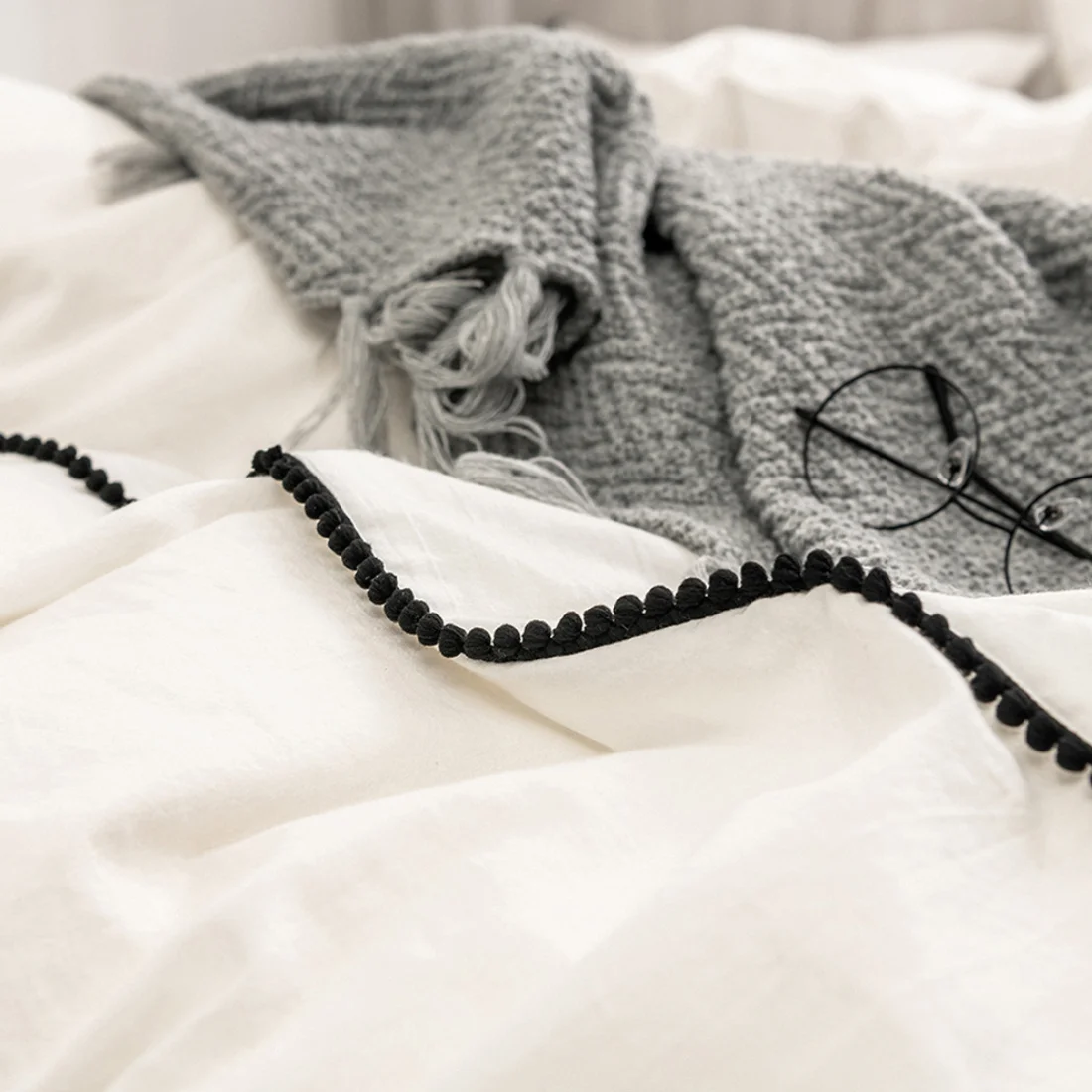 US Size Custom Bohemian Style Washed Cotton White Bed Sheet 3 Pieces Bedding Set