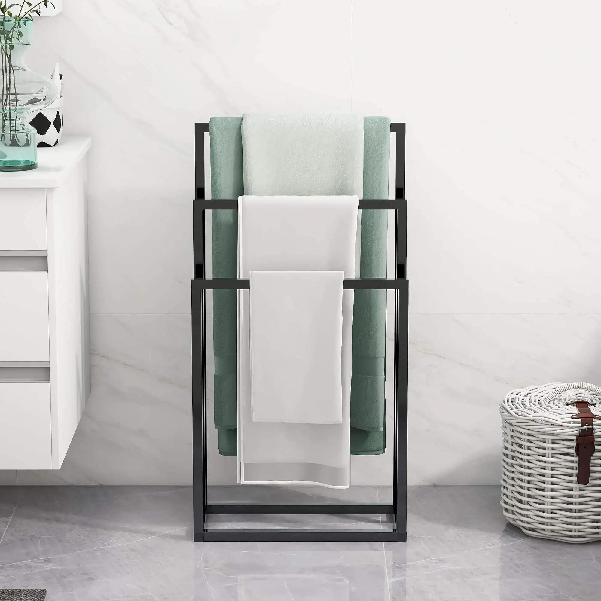 3 Tiers White Metal Towel Rack 3 Bars Freestanding Towel Holder Drying Shelf Stand Towel Bar Storage