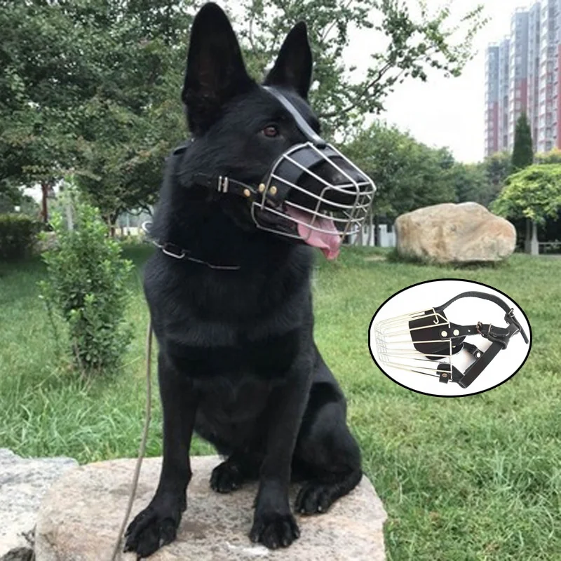Stainless steel tactical training dog Muzzle multi-size leather metal Large dogs muzzle For dog trainer