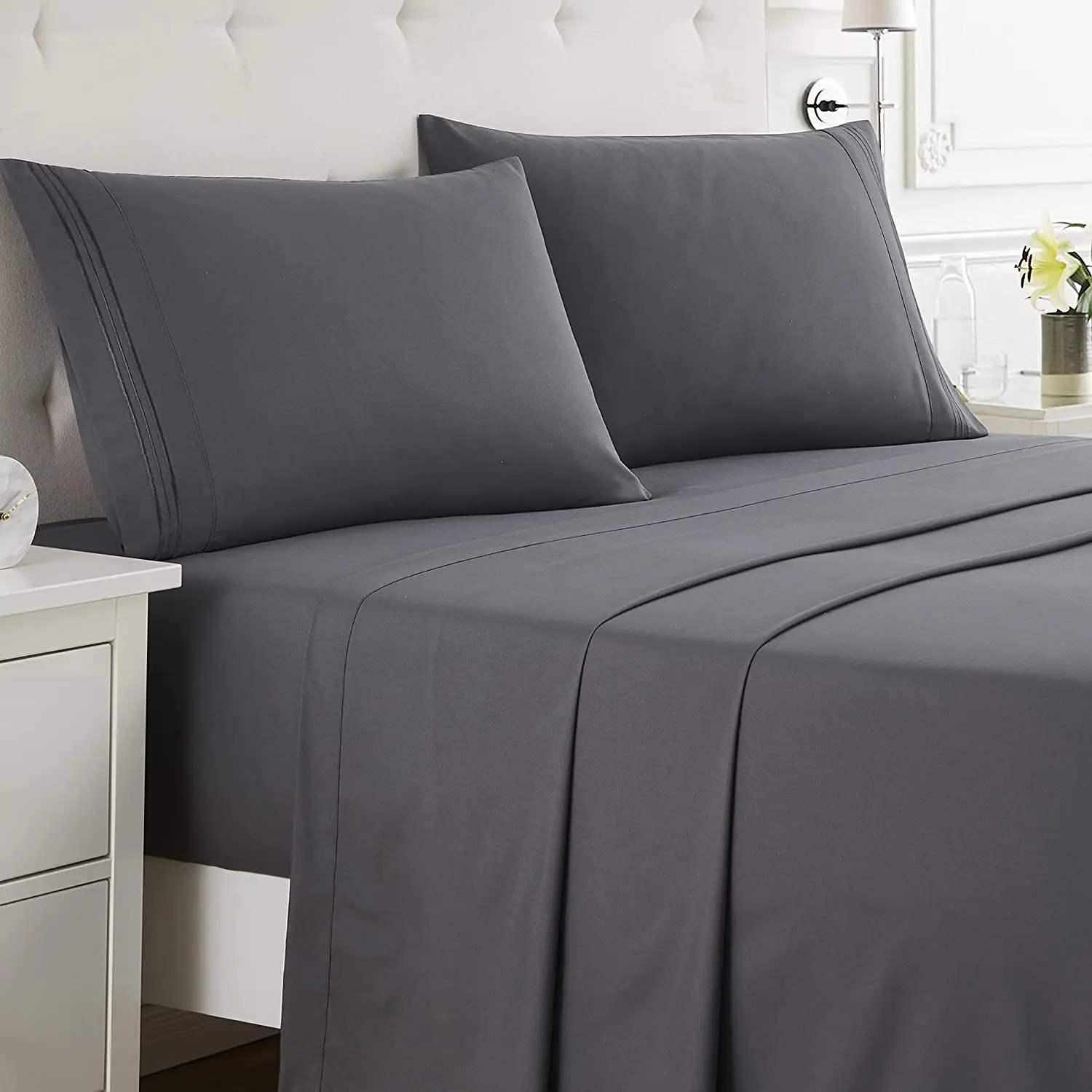 Wrinkle and fade resistant brushed microfiber with classic three lines embroidery solid color bed sheets