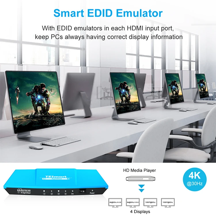 TESmart Distributor 4 way video HDMI divisor Splitter 1X4 1in 4out synchronous 4ksupport CEC HD HDCP smart EDID HDMI Splitter