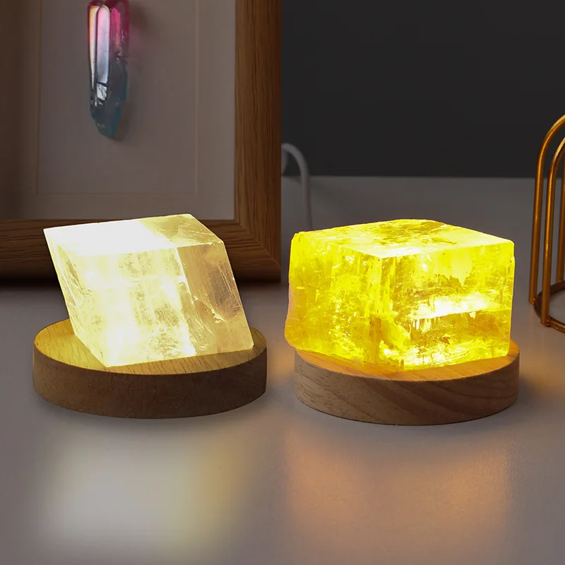 USB Hand Carved Natural Calcite Stone Table Lamp Lights Healing Quartz Crystals Lamp Home Decorations with Wooden Base