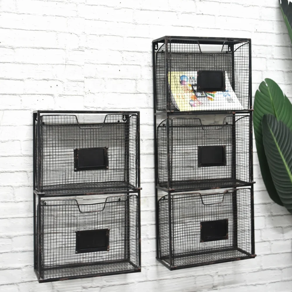 Antique Black 2 Tier Hanging Wall Mounted Metal Wire Newspaper Shelving