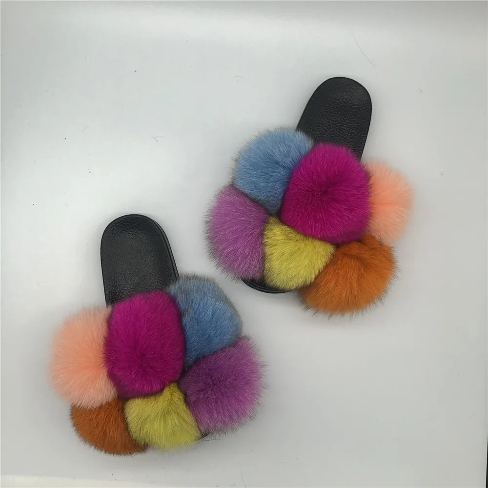 
Fast Shipping Girl Footwear Ladies Fur Shoes Flat Sandals Fox Real Fur Slippers No-slip Sandal Female Fur Slides 