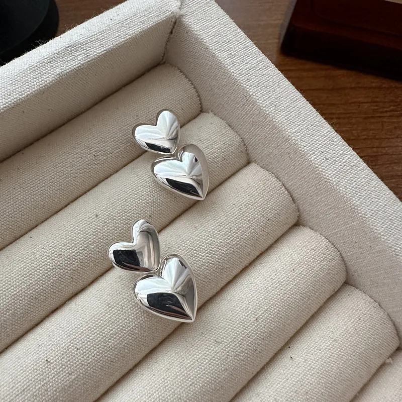 S925 Sterling Silver Korean Style Heart Earrings Heavy Industry Simple Love Studs
