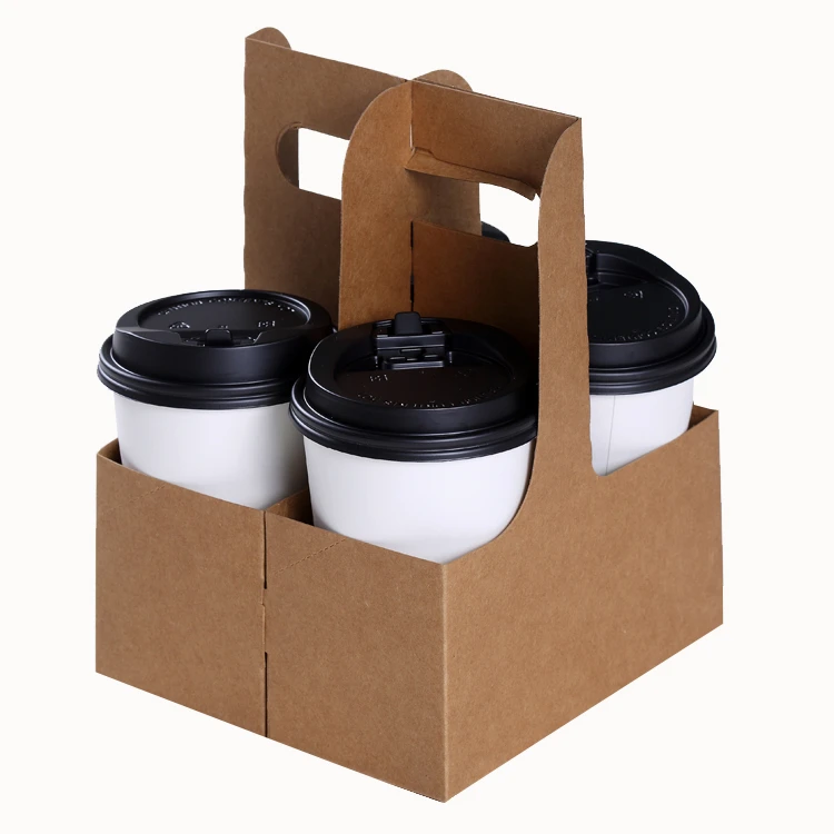 custom logo kraft folding take out drinks carriers coffee cup holders flat shipment 2-pack 4-pack 6-pack customized drinks cases