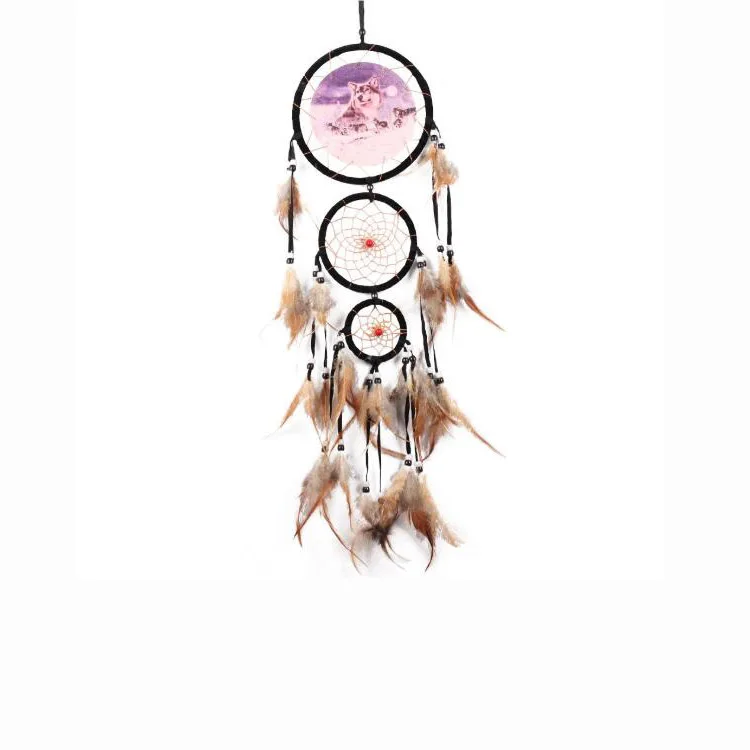 Hot Sale Indian Dream Catcher Wolf Head Oil Painting Handmade Dreamcatcher Home Decor Wall Hanging Natural Feather Pendant Room