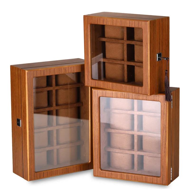 Luxurious 12 slots watch boxes & cases with stainless steel lock flexible suede pillow wood pattern finished glass top display