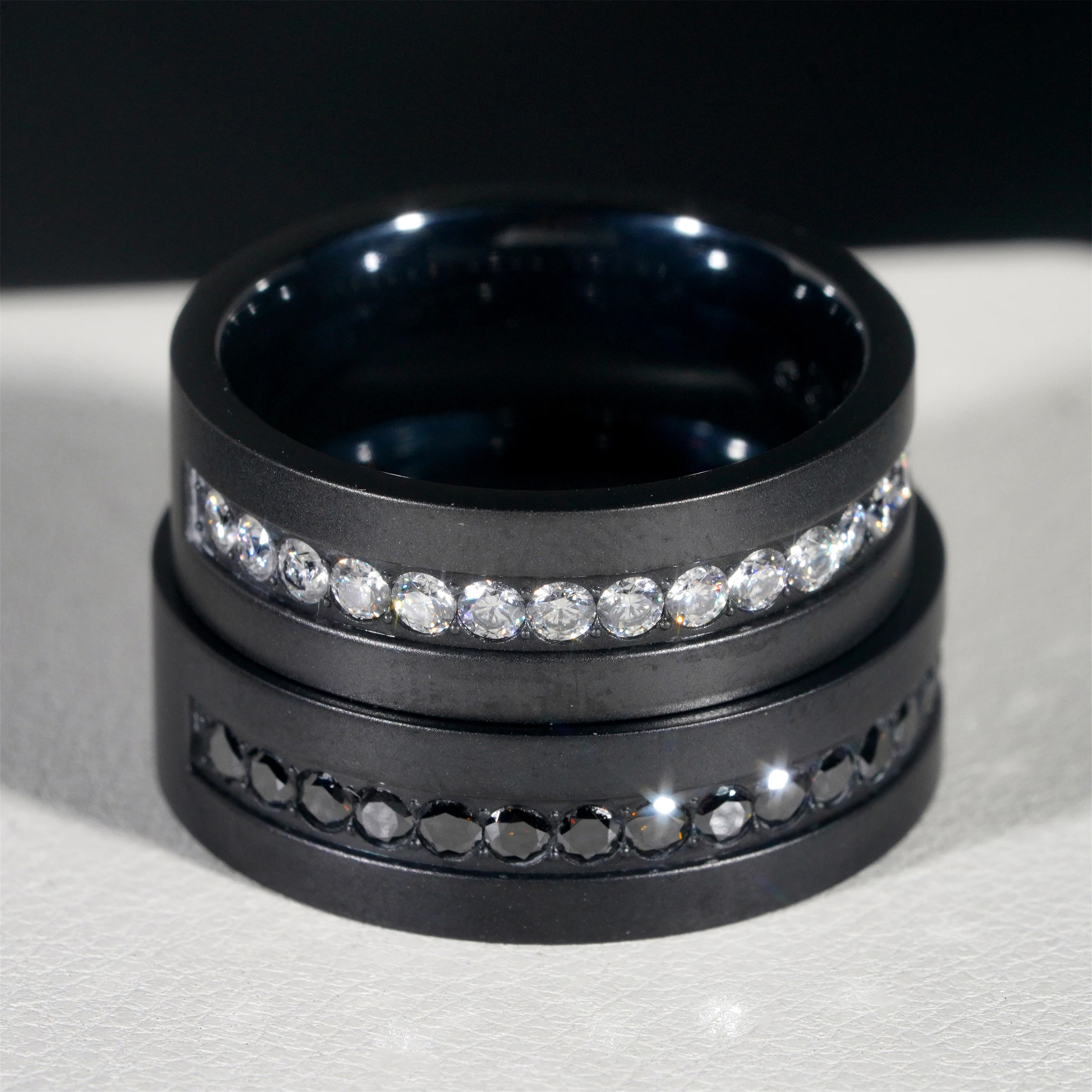 Fashion Rapper Jewelry Black Stainless Steel Men Wedding Ring Half Row Iced out Moissanite Diamond Titanium Hip Hop Ring