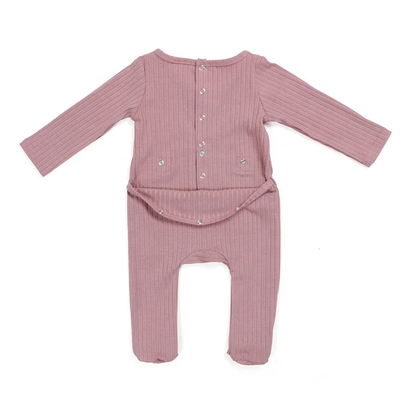 Newborn baby clothes long sleeves snap button opening back easy to change diaper knit cotton ribbed footie baby romper