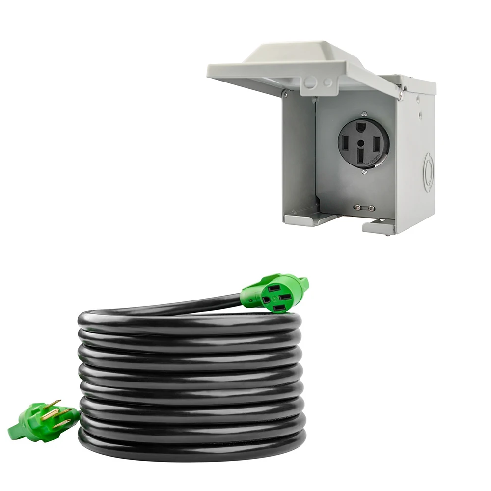 632 50 Amp 125/250V RV/EV Power Outlet Box NEMA 14-50R Receptacle Panel with 50FT 50A Power Extension Cord NEMA 14-50P/14-50R