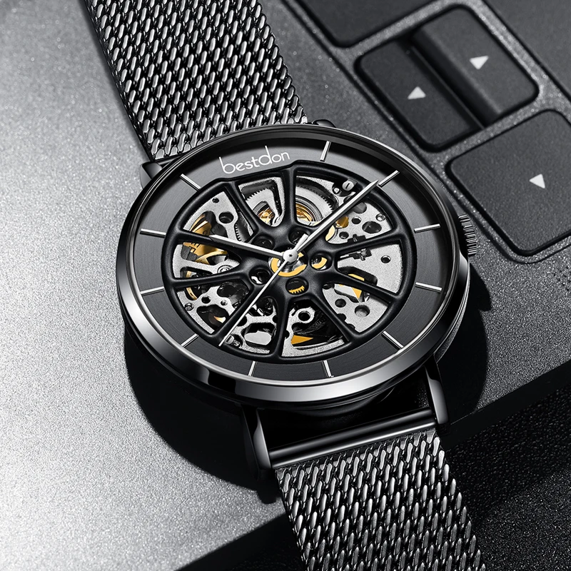 2021 new design watch with visible mechanism waterproof automatic mechanical movement car wheel watch