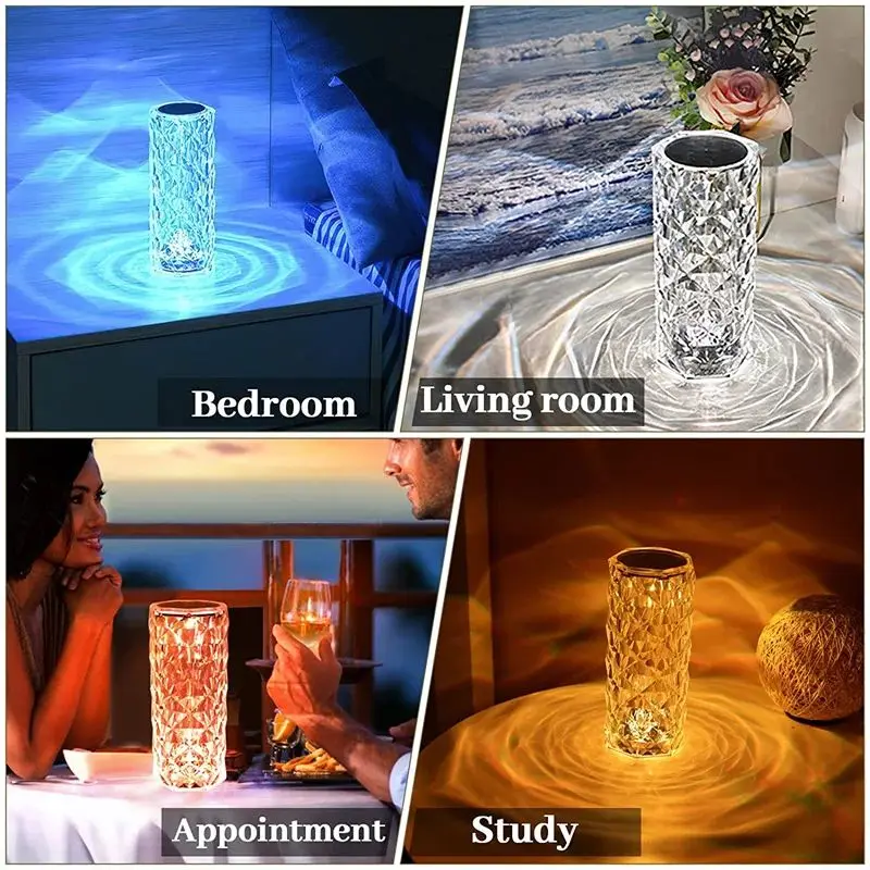 LED Crystal Table Lamp Rose Light Projector 16 Colors Touch Night Light Romantic Atmosphere Light USB Home Bar Decor