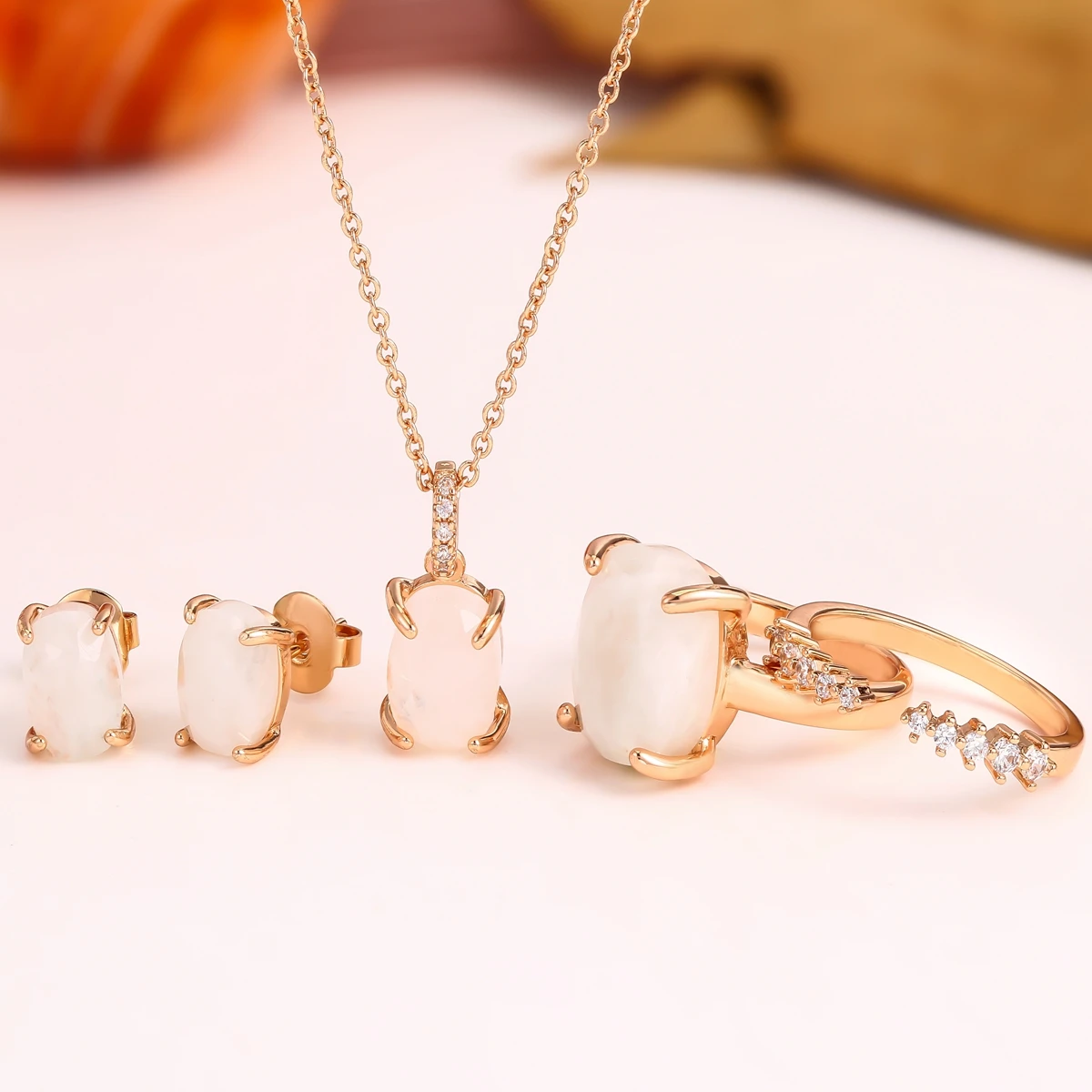 Wholesale Fashion Jewelry Sets Gemstones Earrings Natural Moonstone Stone Ring Set  Necklace Pendant For Women