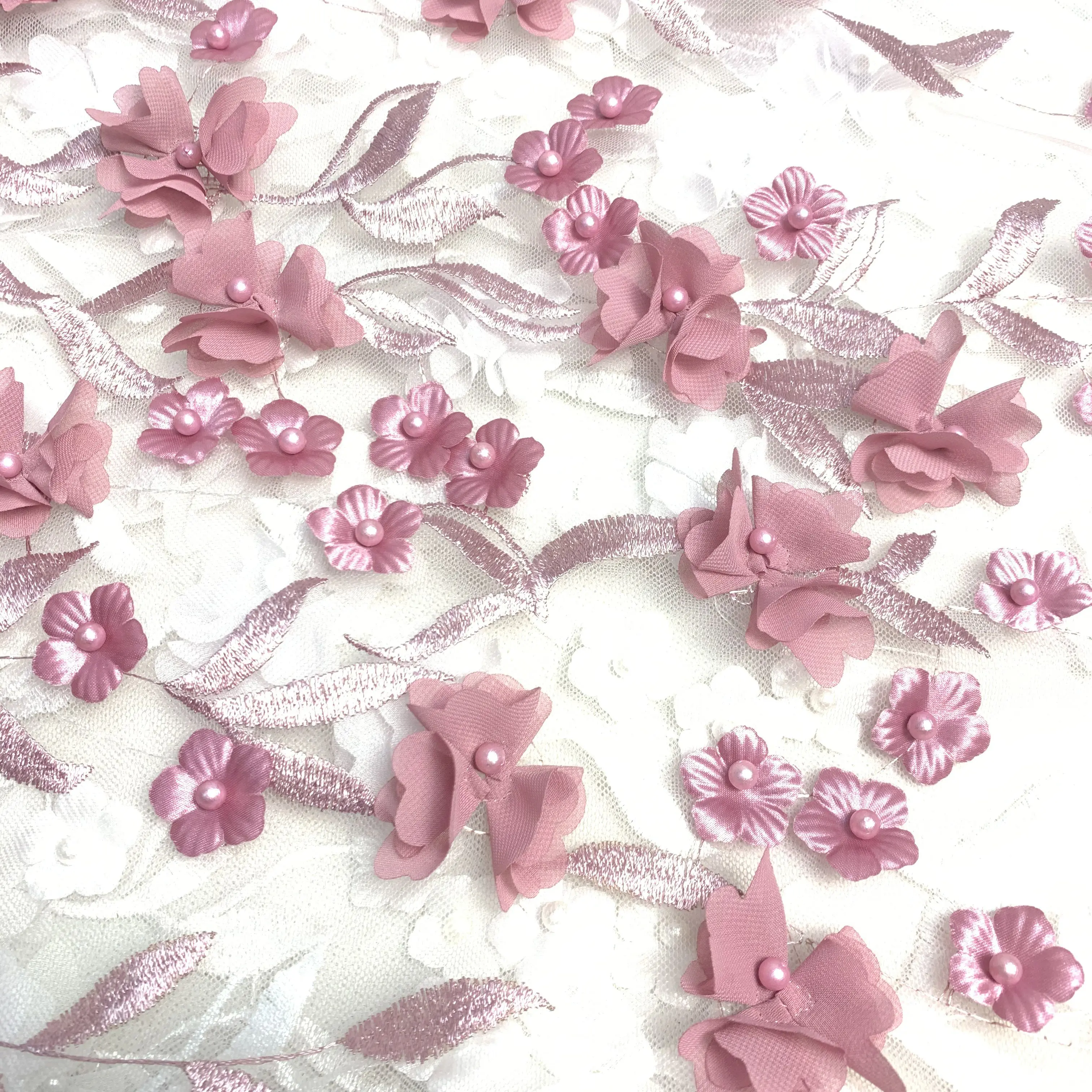 elegant designs 3D flower embroidery heavy beaded pearl lace fabric for dress making