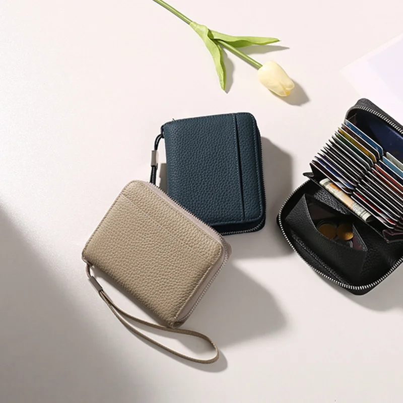 RU New Genuine Leather Zipper Card Wrap Head Layer Wrinkled Cowhide Zero Wallet