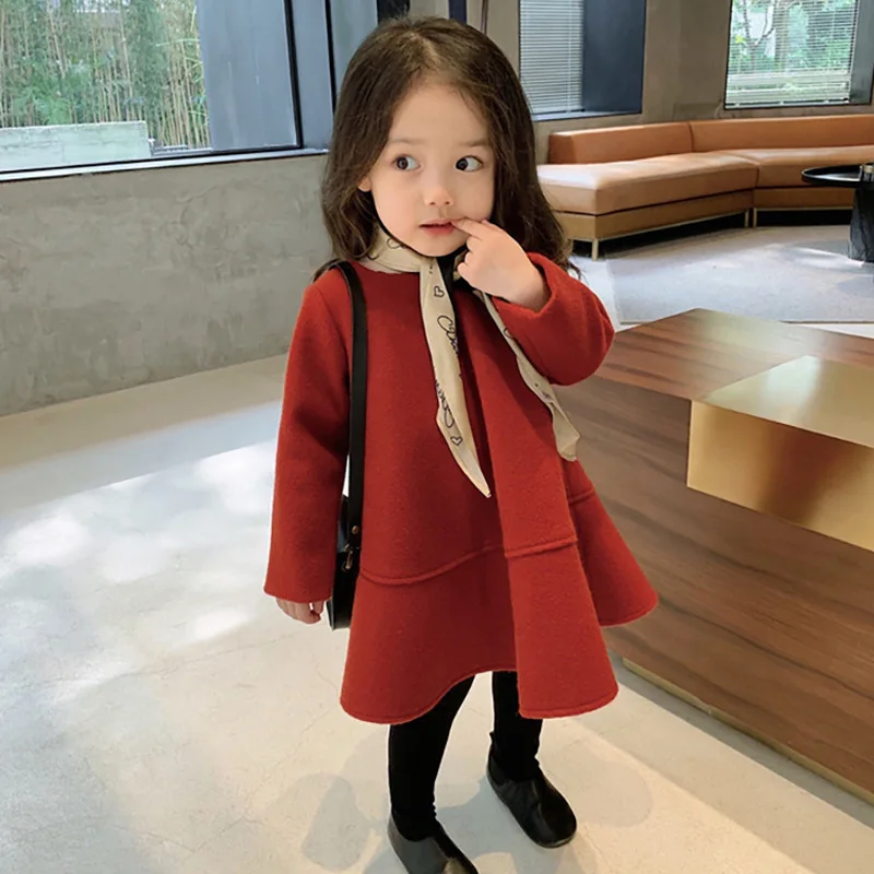 Новый стиль; Платье для маленьких девочек на осень-зиму для детей с круглым вырезом и длинными рукавами в стиле «принцесс» шерстяные платья для праздников и свадебных торжеств