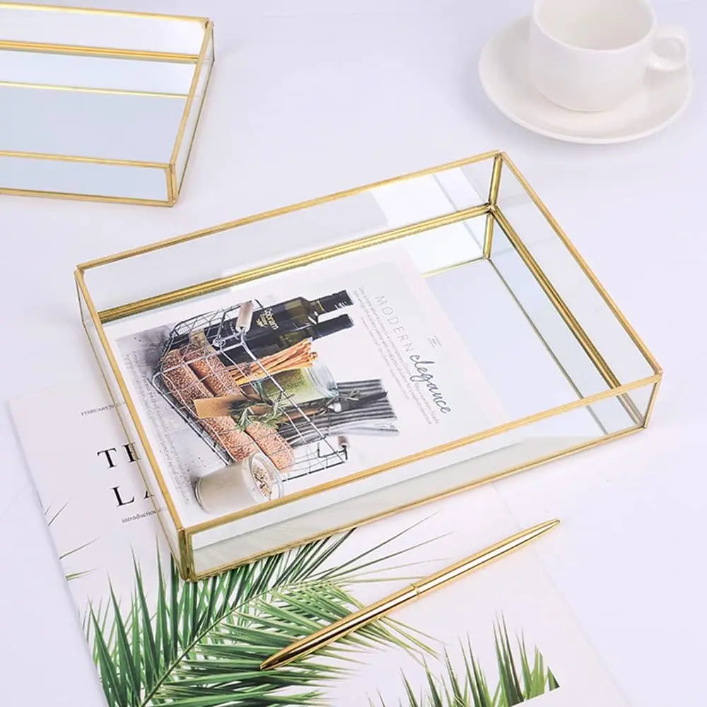 Glass  Rectangle Mirror Decorative Tray Gold can Hold Perfume Jewelry Cosmetics Makeup Magazine for Vanity Dresser