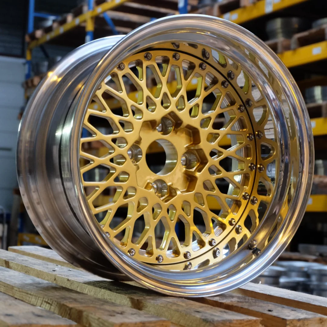 Bk custom 3 pc forged 5x120 5x130wheels 15 16 17 18 19 inch 7j to 14 j mesh design e50 gold  wheel rim for BMW Porsche VW Honda