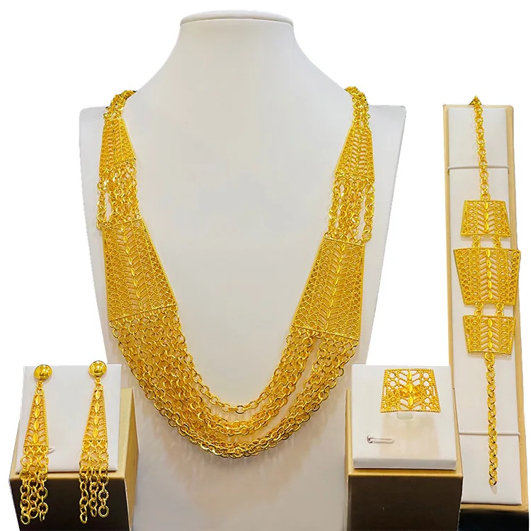 JachonJewelry Dubai New style 24K Gold Plated Jewelry Set Bridal Wedding necklace earrings bracelet and ring set