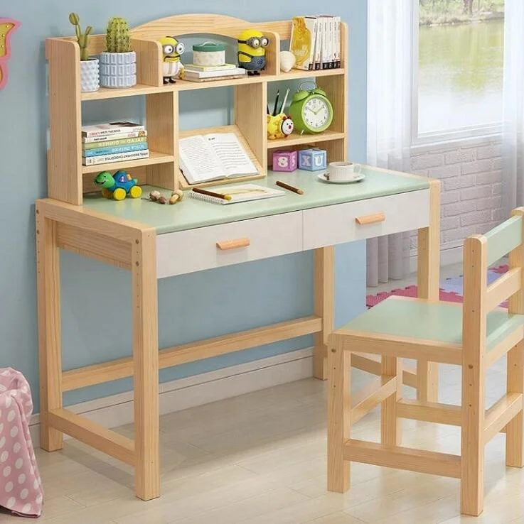 Solid Wooden Kids Study Table With Shelf and Chair Set For Children Furniture Set