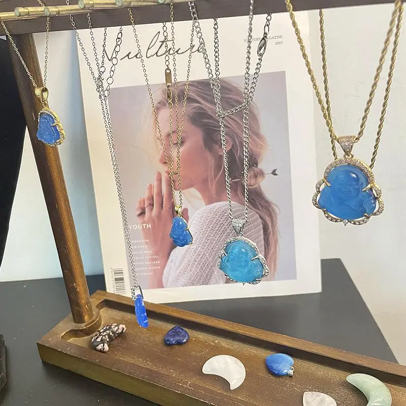 2024 Carved Religion Stainless Steel chain Blue Agate Stone Buddha Pendant Necklace Iced Out Crystal stone necklaces women