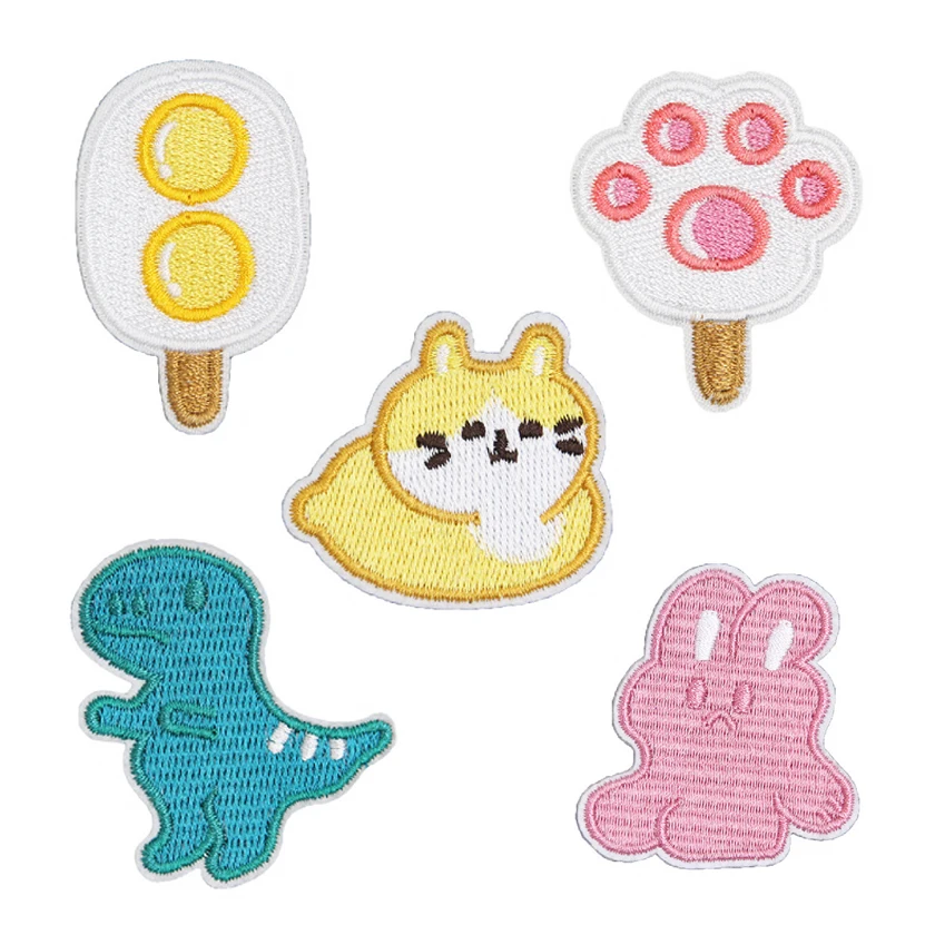 Stock Cute Cartoon Children Badges Animal Rabbit Cat Claw Popsicle Coffee Embroidered Patches Iron On For Clothing Hats Shoes