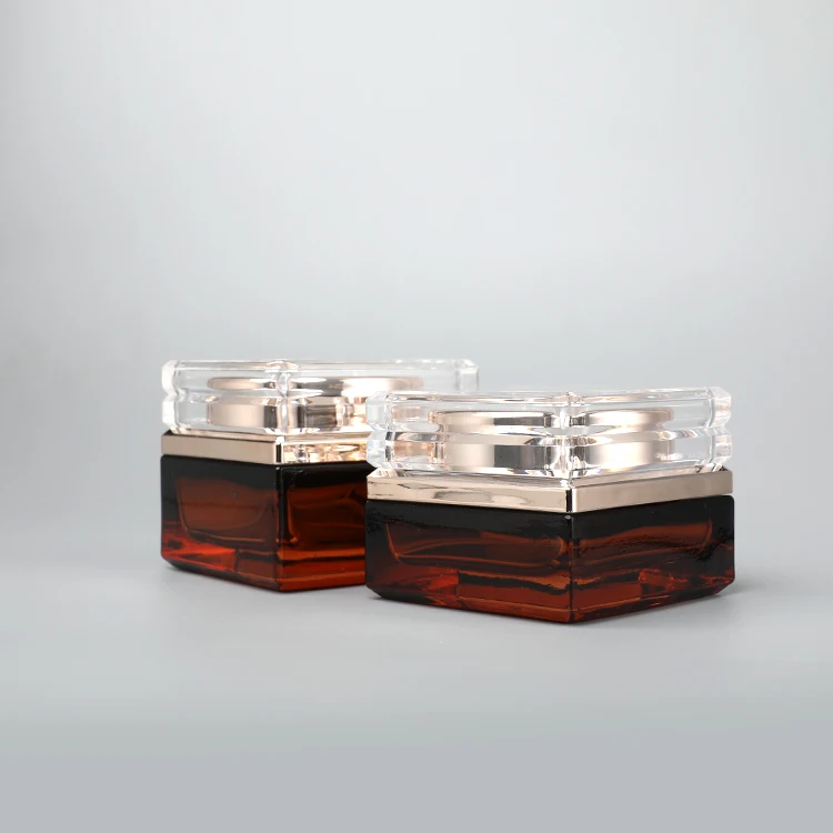 factory wholesale high quality Skincare Packing Set Amber Cosmetic Face Cream Jar Square Glass Body Lotion Bottle with Gold Pump