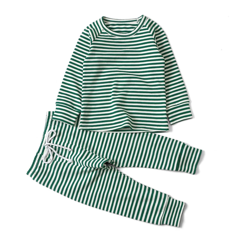 Wholesale Hot Sale Cotton  Long Sleeve  Kids Outfit Strip 0-neck Elastic band Toddler 2 Pcs Set Baby Clothing Set