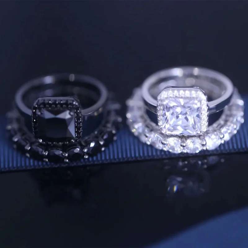 Luxury 925 Sterling Silver Wedding Rings Set Cushion Zircon Rhodium Plated Black Plated Ring High Quality Party Gift Rings Set
