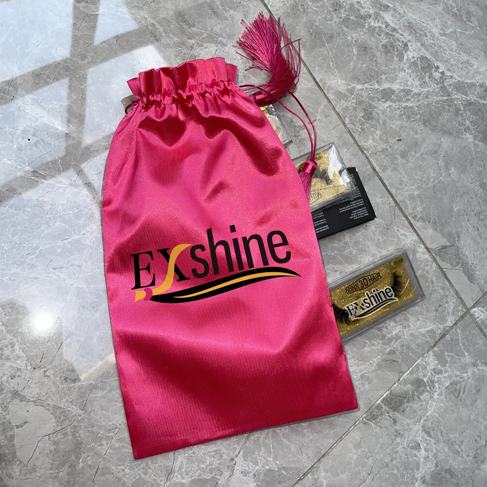Дешевые Заказные атласные мешки с логотипом на заказ, атласная сумка для волос, атласная сумка для париков на шнурке, розовые/черные атласные сумки для наращивания волос, Пользовательский логотип