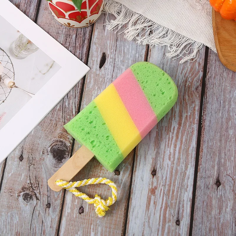 Promotion Popular Random Colors Ice Cream Bath Kitchen Cellulose Sponge Long Handle Scrubber Shower Puff For Cleaning