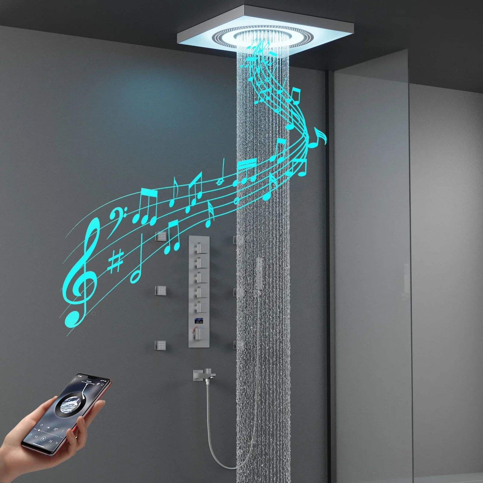 Ceiling Luxury LED Music Shower Head Smart Modern Bathroom LED Shower System Set Digital Display Hot and Cold Shower Mixer