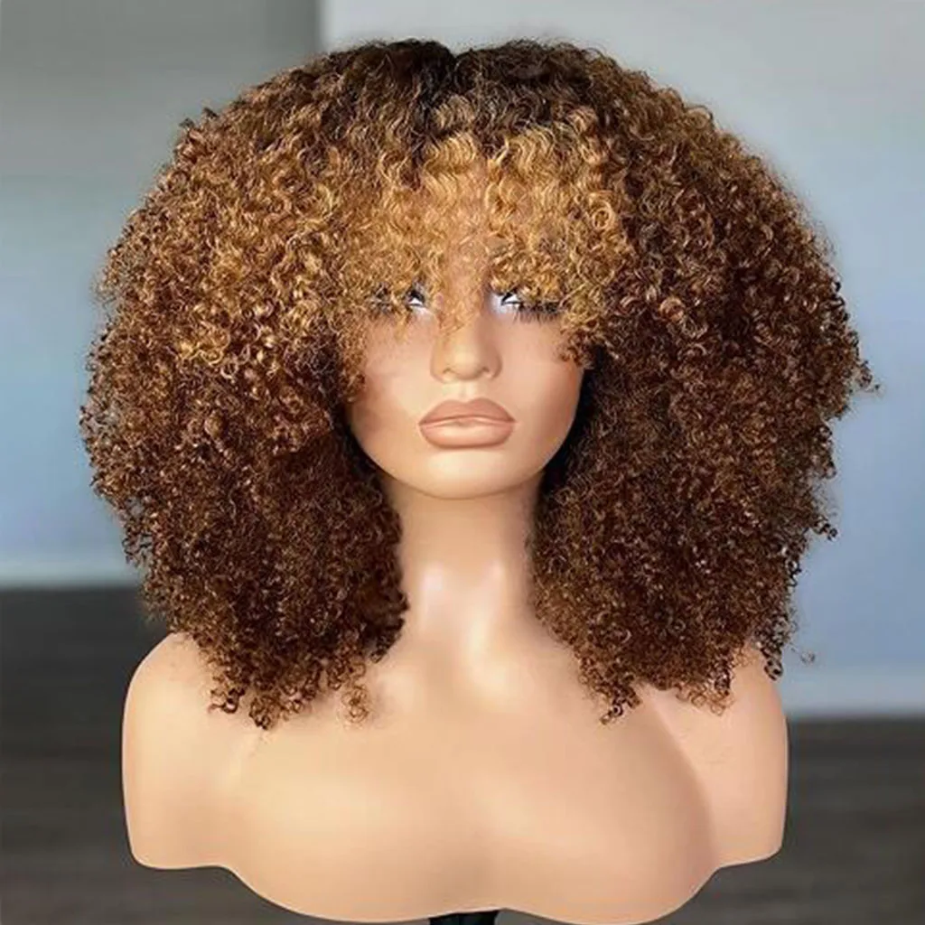 Afro Jerry Curly Human Hair Wig with Bangs for Women Glueless Full HD Lace Front Wigs Deep Curly Frontal Wig Human Hair