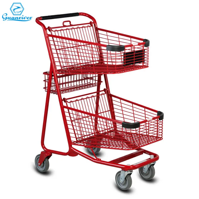 Japanese style Customized Supermarket 2 Tier Shopping Trolley With Double Baskets