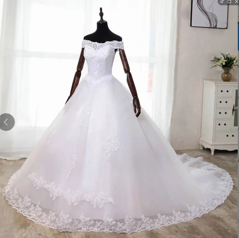 2021 Pure white Ivory Sexy off shoulder Lace Ball Gown Wedding Dresses Real photo Applique Sequined Sweep Train Bride Gown