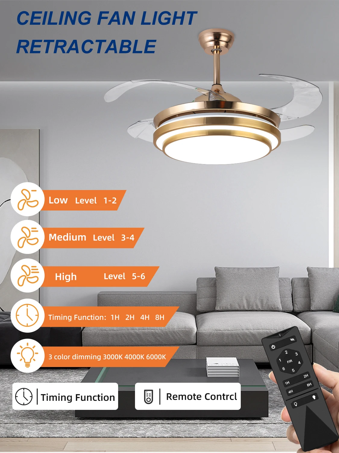 AIERTEC 42' Chandelier modern pendant lights Golden Silver Retractable Invisible Led Ceiling Fan light With Light And Remote