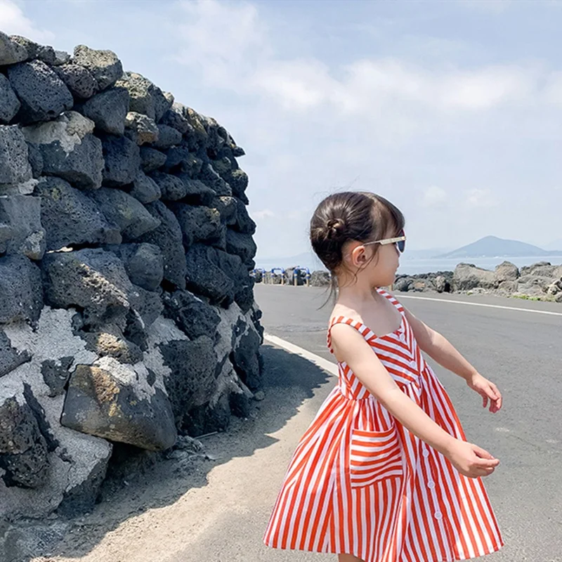 Latest Arrival 2021 Summer White And Red Striped Dress Little Girl Suspender Dresses