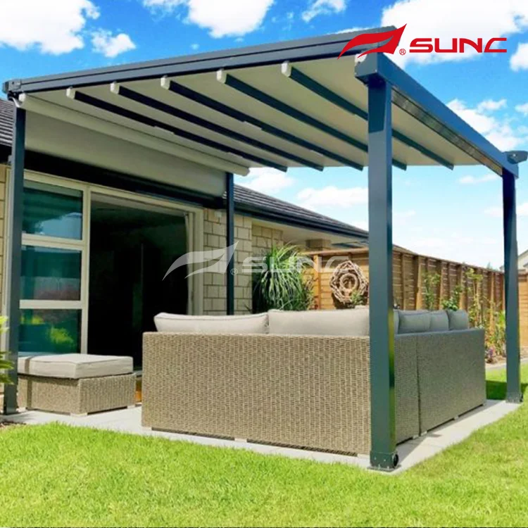 Waterproof Outdoor Aluminum Retractable Roof Cover Folding PVC Pergola With LED Lights
