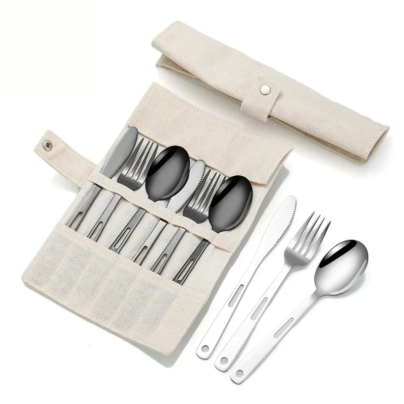 Outdoor stainless steel knife fork and spoon for 2 people with scroll cutlery storage bag portable camping cutlery set