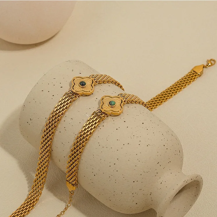 MECYLIFE Ensembles De Bijoux Natural Stone Stainless Steel Women Mesh Belt Chain Bracelet Necklace Clover Jewelry Set 18K Gold
