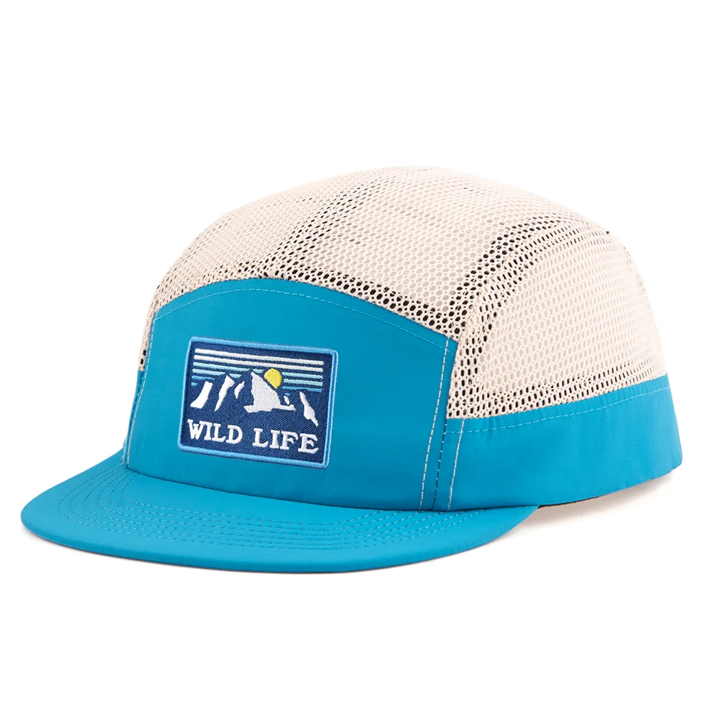 Aung Crown High Quality 5 Panel Mesh Camping Cap Flat Brim Breathable Sport Running Hats Soft Lightweight Nylon Running Cap