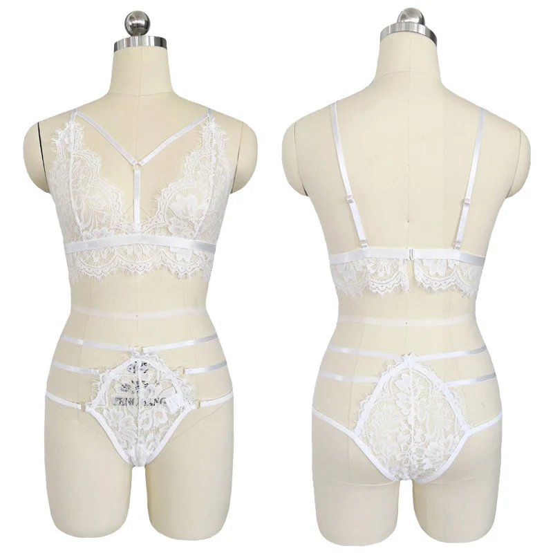Lace sexy lingerie female sexy underwear hot style see-through eyelash string bundled bra set women sexy nightwear two-piece