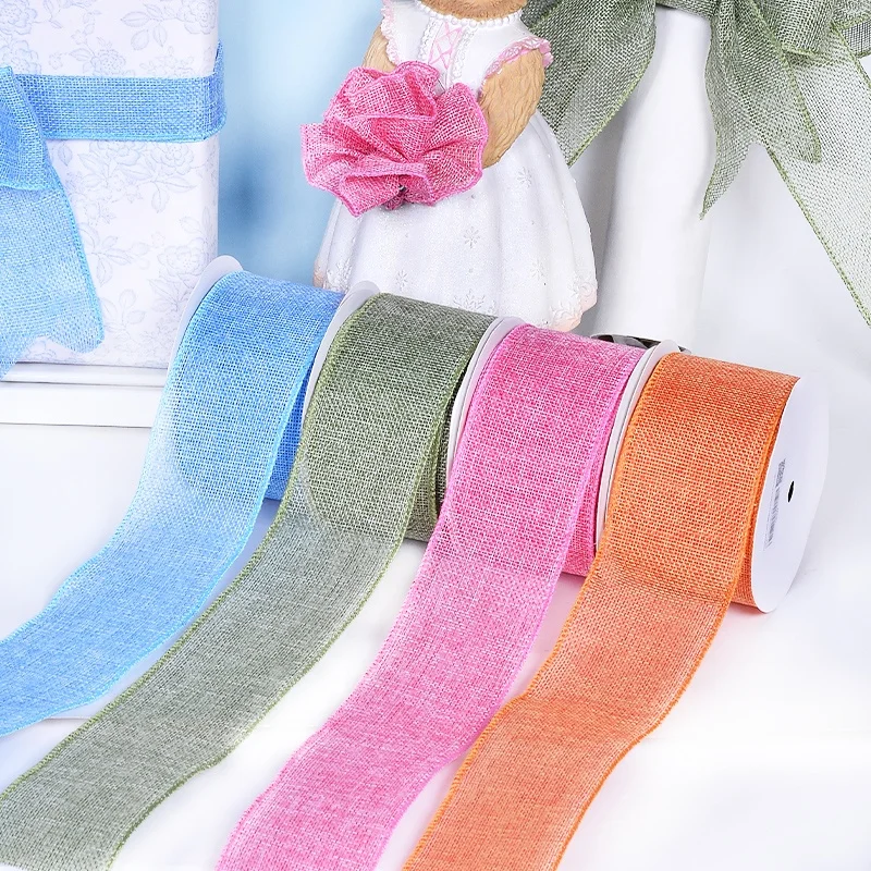 Yama ribbon factory wholesales stock 63mm 10yards solid colors white wired burlap ribbons roll