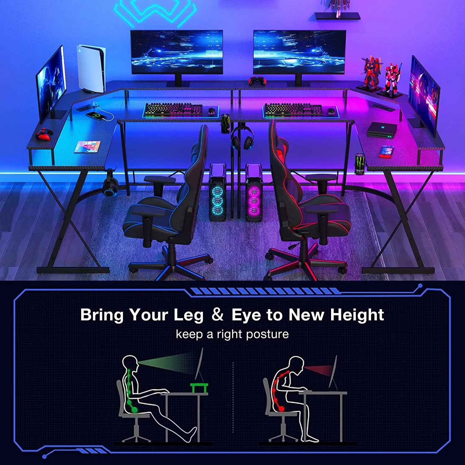 Gaming Desk with Led Lights and  Power Outlet L Shaped Computer Corner Desk