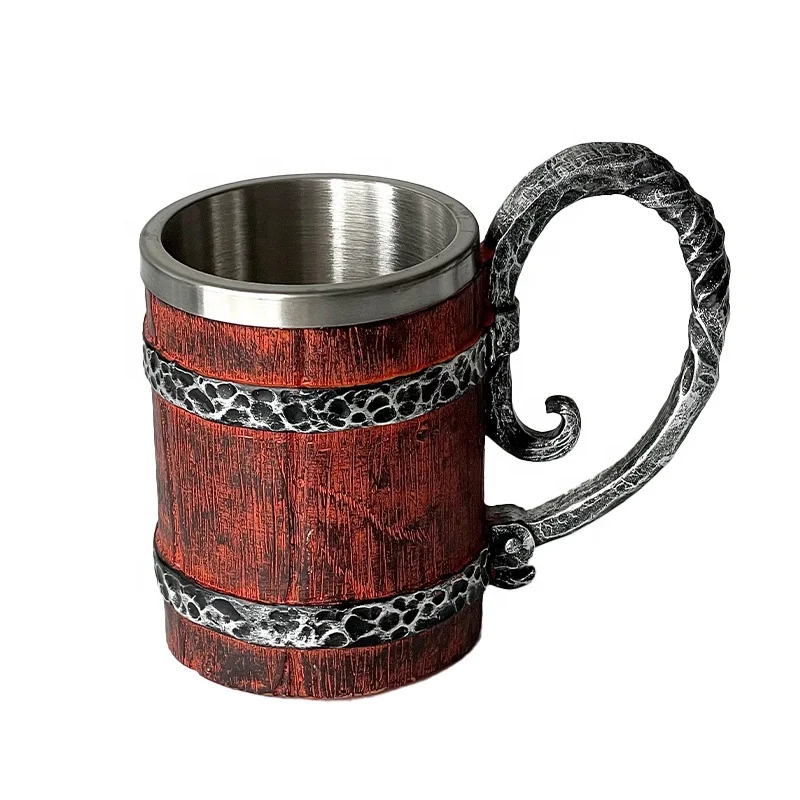 New Arrival Unique Oak Barrel Beer tankard Stein Stainless Steel Coffee beer Cup 300-600ML handmade Horn Resin Viking Beer Mug