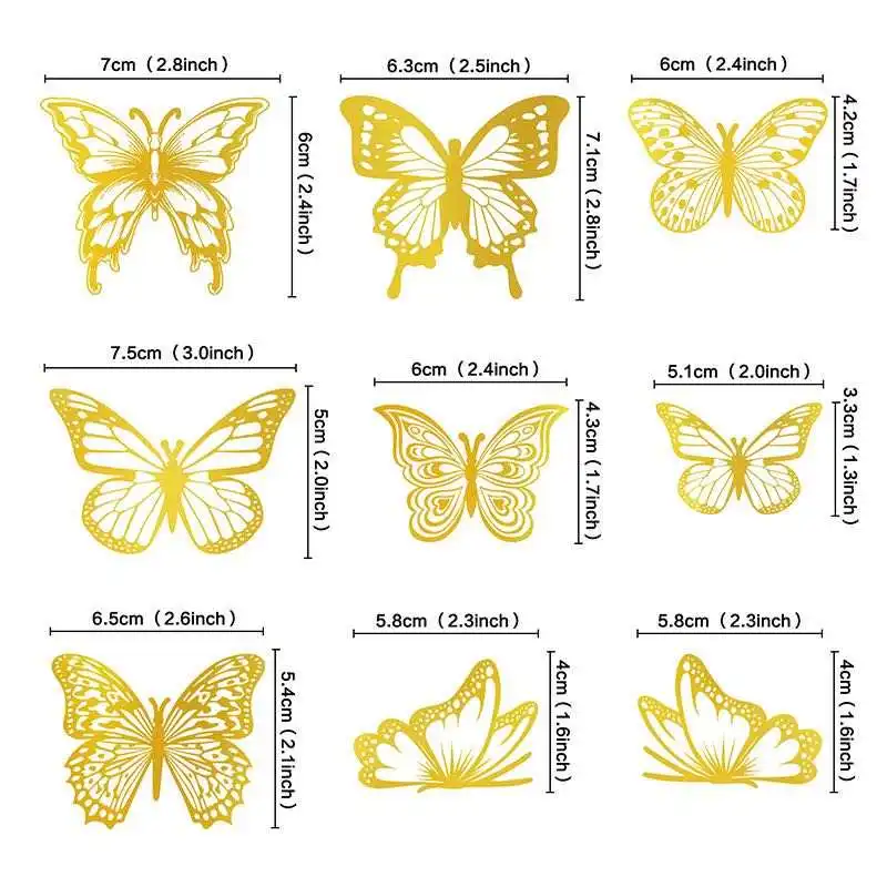 PVC Butterflies Gold / White / Black / Brilliant Color Wedding Birthday Cake Decorations 9PCS Plastic Butterfly